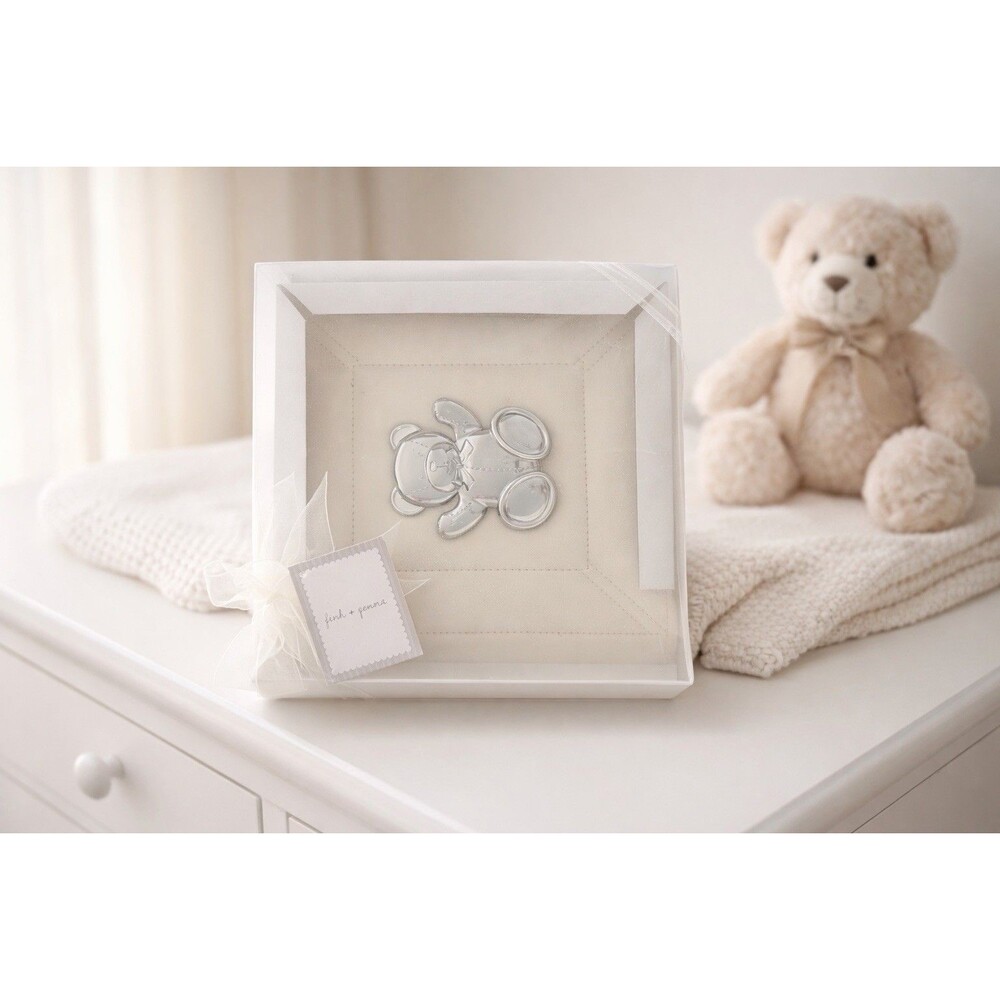 Finn + Emma Silver Teddy Bear Baby Keepsake Nursery Decor Gift In Box